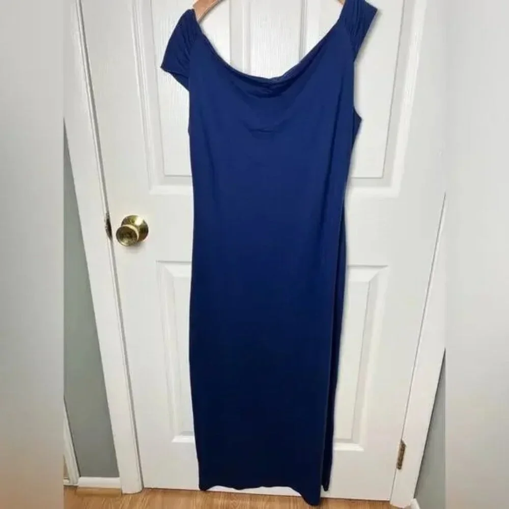 Reformation Blue Off The Shoulder Stretch Jamen Knit Midi Dress M Danube - Picture 5 of 7